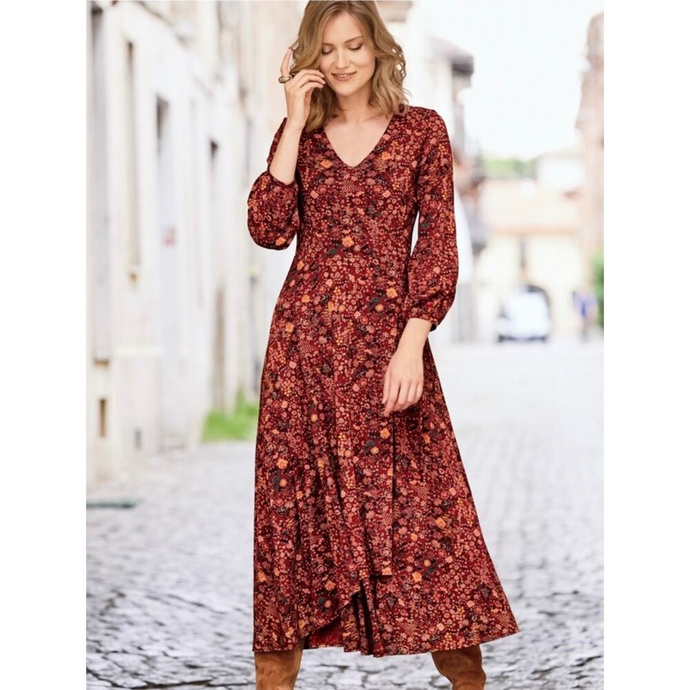Peruvian Connection Lacquer Rose Dress Pima Cotton Long Sleeve‎ Faux Wrap XL